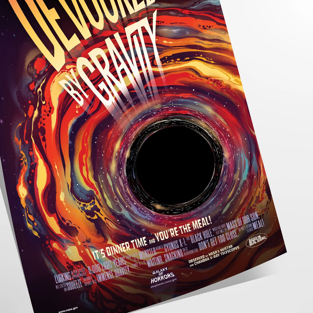 A cosmic travel poster featuring swirling black and orange tones, depicting gravity's pull.