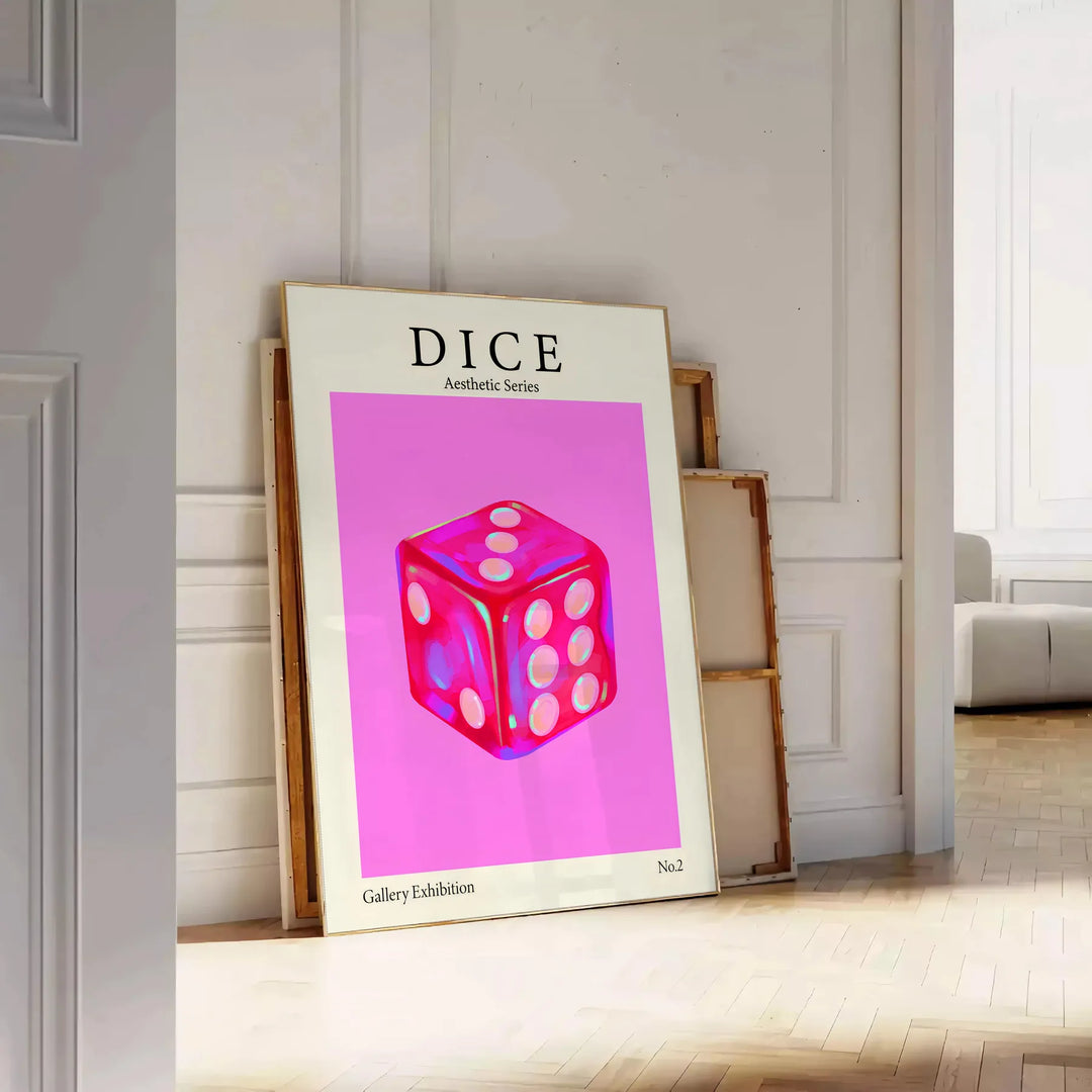 Abstract design featuring dice in purple and black hues - leaning on a herringbone floor against a white panelled wall