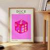 Abstract design featuring dice in purple and black hues - beside a round wooden side table with books
