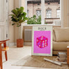 Abstract design featuring dice in purple and black hues - in a Parisian living room with a sofa and a fig plant