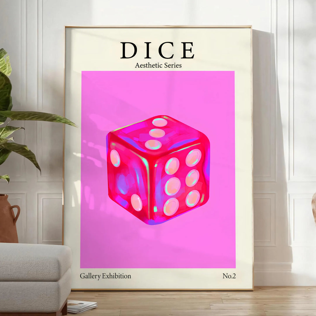 Abstract design featuring dice in purple and black hues - in a bright minimalist room with a plant and an armchair