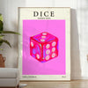 Abstract design featuring dice in purple and black hues - in a bright minimalist room with a plant and an armchair