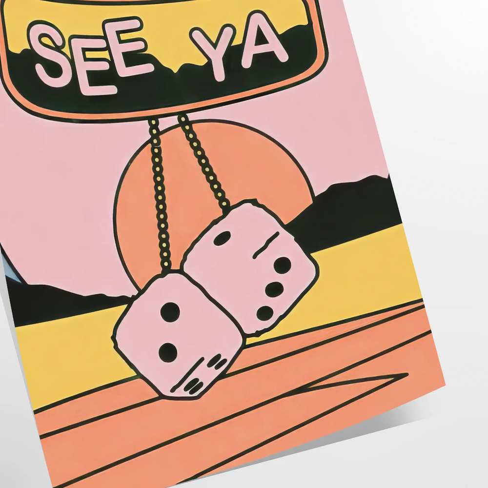 Contemporary art print featuring colorful dice against a sleek gray background
