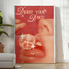 Abstract disco-themed artwork featuring brown and orange hues - in a bright minimalist room with a plant and an armchair