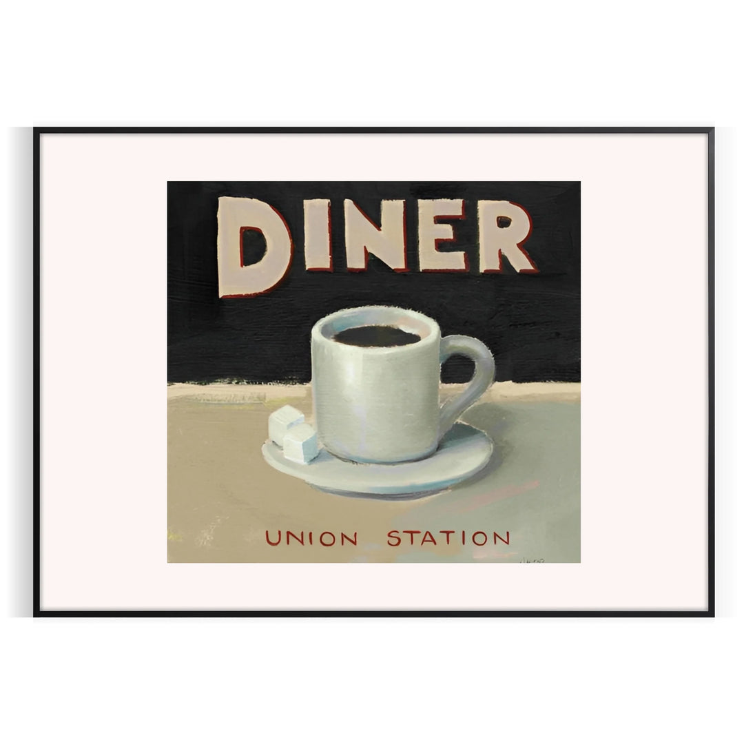 A retro diner scene with black and orange colors, featuring a classic kitchen setup