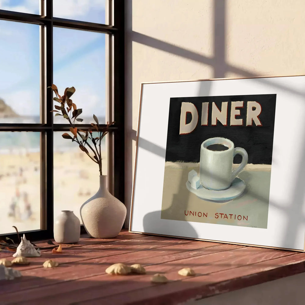 A retro diner scene with black and orange colors, featuring a classic kitchen setup