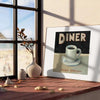 A retro diner scene with black and orange colors, featuring a classic kitchen setup - leaning on a herringbone floor against a white panelled wall