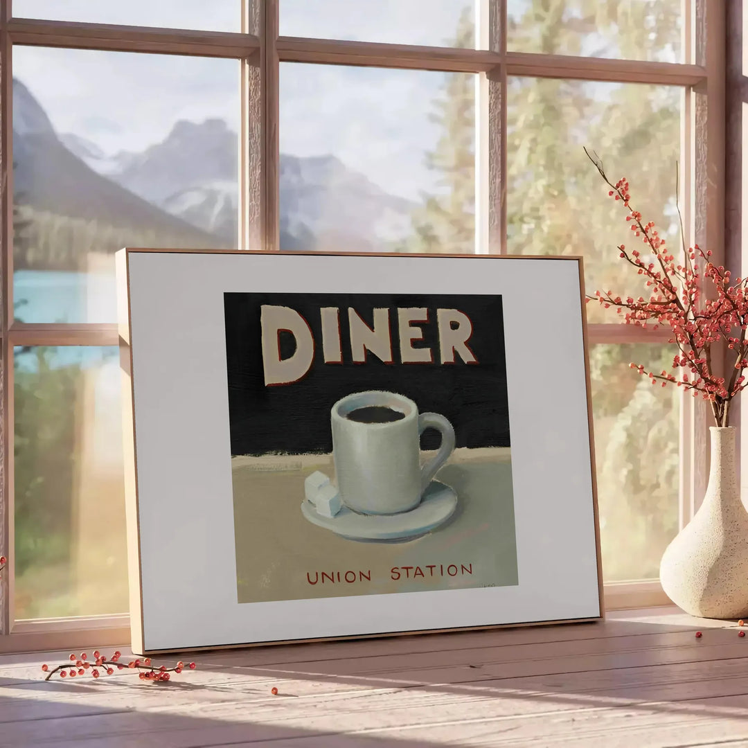 A retro diner scene with black and orange colors, featuring a classic kitchen setup - beside a round wooden side table with books