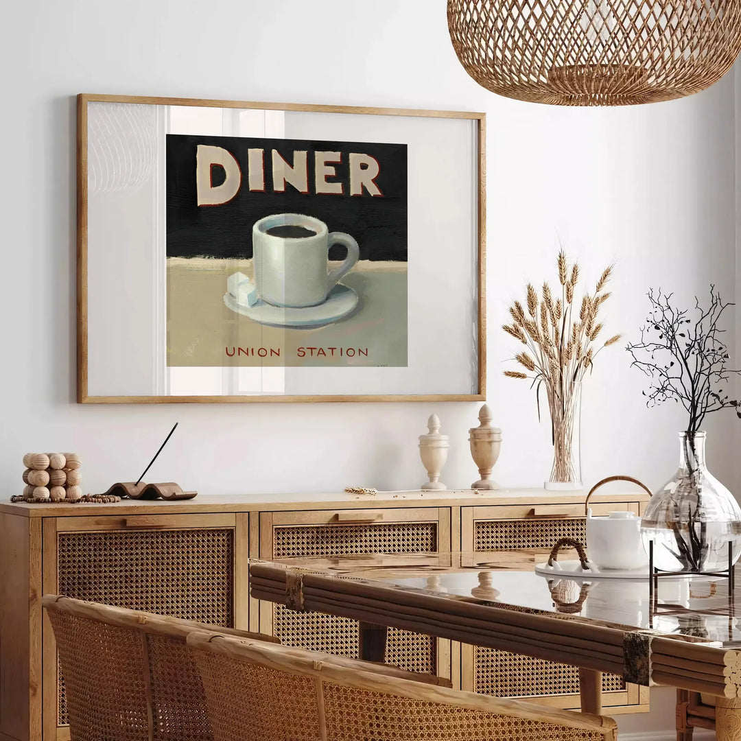 A retro diner scene with black and orange colors, featuring a classic kitchen setup - in a Parisian living room with a sofa and a fig plant