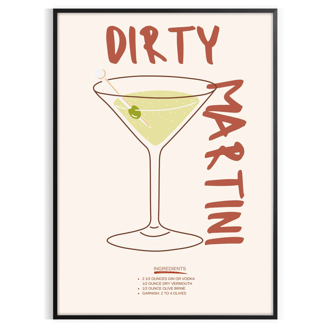 Illustration of a dirty martini cocktail in a glass, with olive garnish