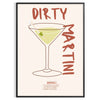 Illustration of a dirty martini cocktail in a glass, with olive garnish - in a black frame