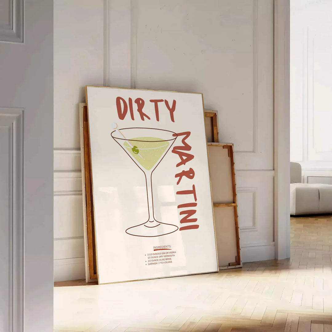 Illustration of a dirty martini cocktail in a glass, with olive garnish - leaning on a herringbone floor against a white panelled wall