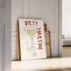 Illustration of a dirty martini cocktail in a glass, with olive garnish - leaning on a herringbone floor against a white panelled wall
