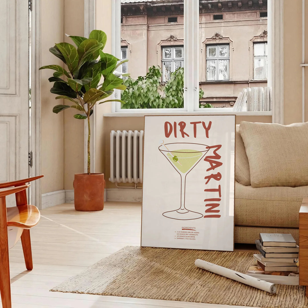 Illustration of a dirty martini cocktail in a glass, with olive garnish - in a Parisian living room with a sofa and a fig plant
