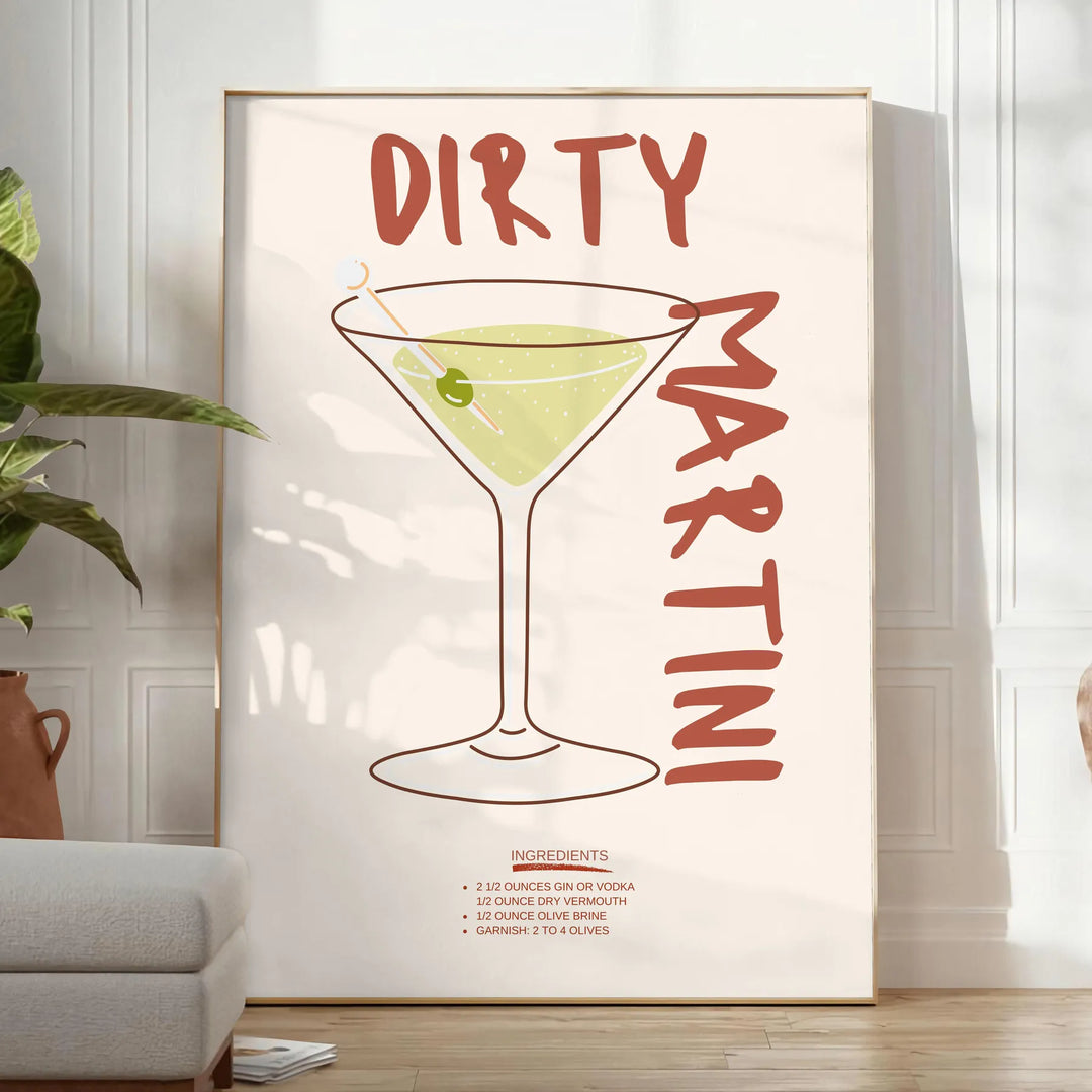 Illustration of a dirty martini cocktail in a glass, with olive garnish - in a bright minimalist room with a plant and an armchair