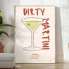 Illustration of a dirty martini cocktail in a glass, with olive garnish - in a bright minimalist room with a plant and an armchair