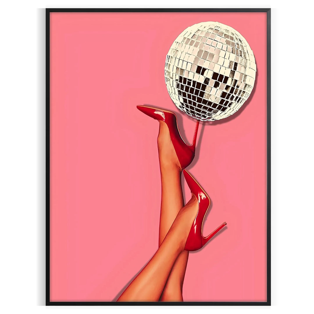 A retro-style illustration of a disco foot in bold black and orange hues - in a black frame