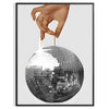A graphic illustration of a hand making a disco gesture, featuring green and blue hues - in a black frame