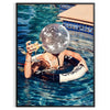 A retro-style illustration of a disco-themed swimming pool scene with brown and green tones - in a black frame