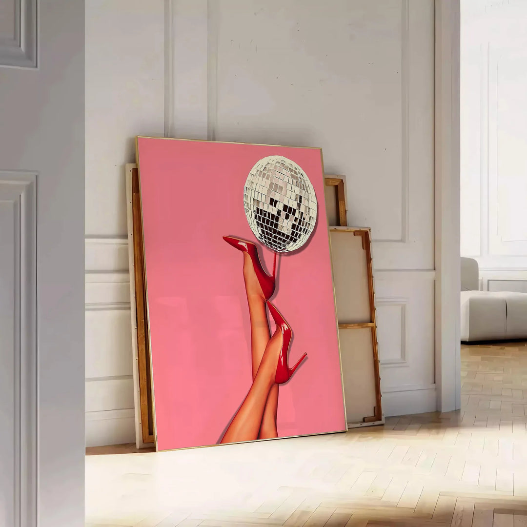 A retro-style illustration of a disco foot in bold black and orange hues - leaning on a herringbone floor against a white panelled wall