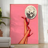 A retro-style illustration of a disco foot in bold black and orange hues - in a bright minimalist room with a plant and an armchair