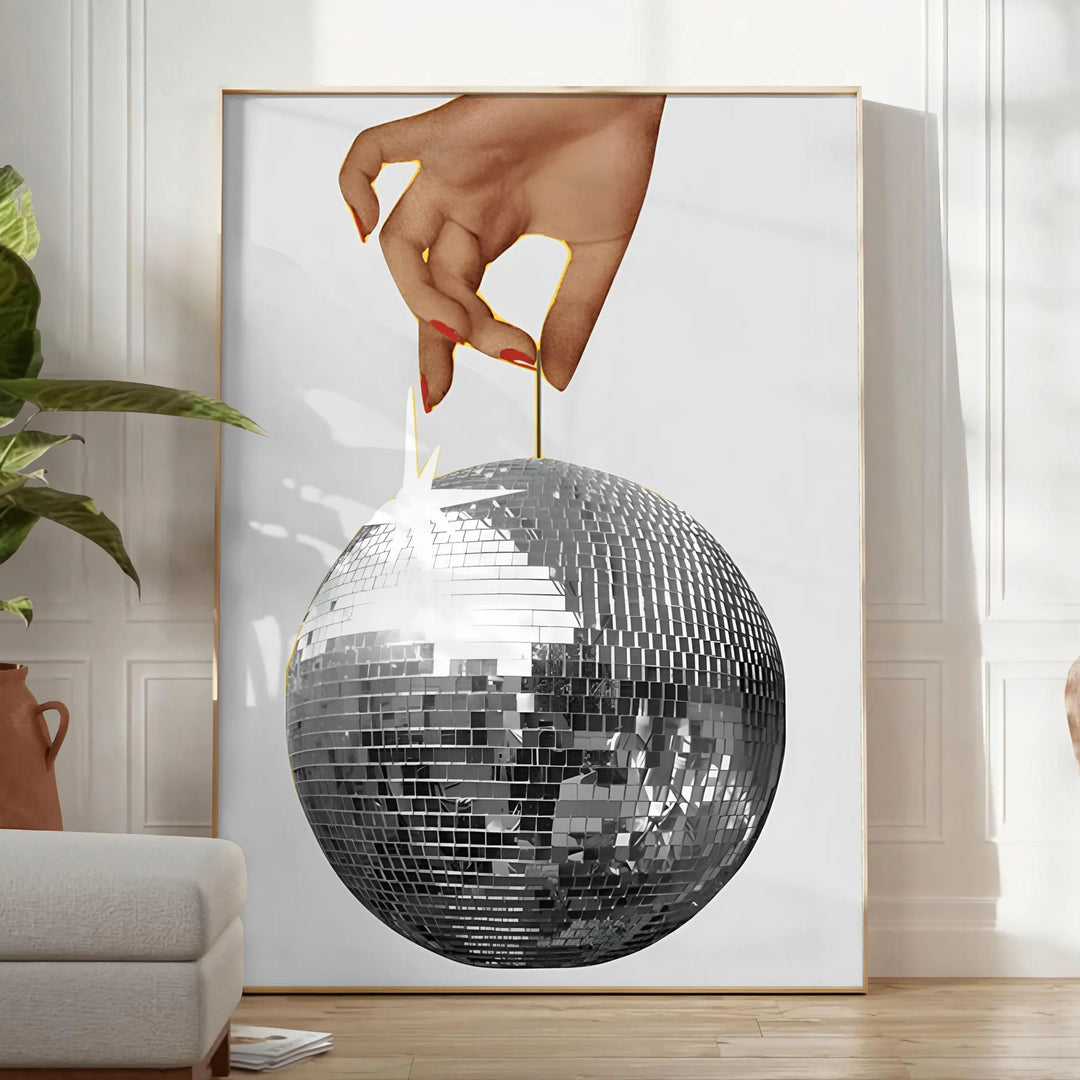 A graphic illustration of a hand making a disco gesture, featuring green and blue hues - in a bright minimalist room with a plant and an armchair