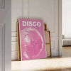 Abstract design featuring dynamic pink and orange shades reminiscent of disco themes - leaning on a herringbone floor against a white panelled wall