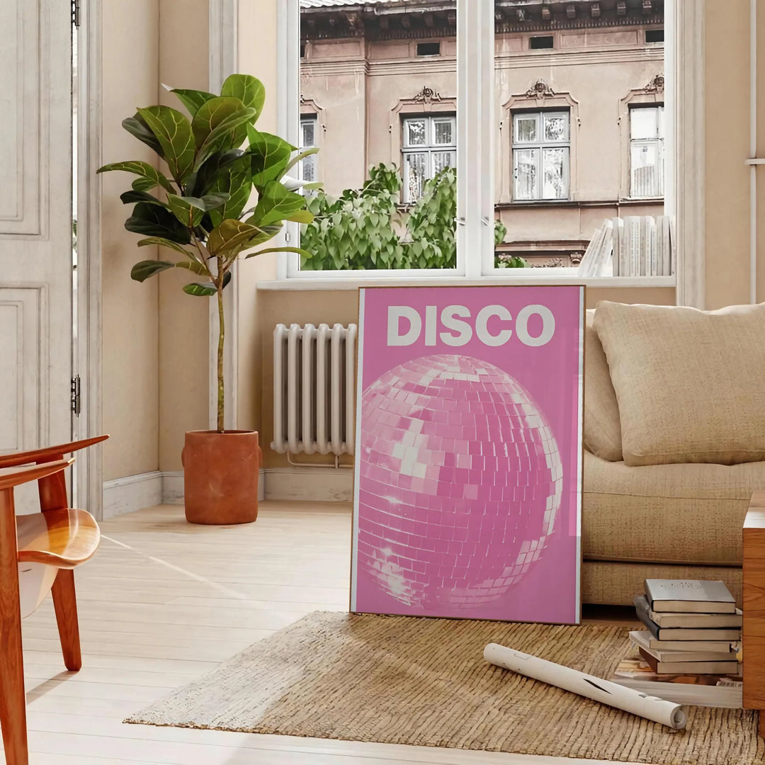 Abstract design featuring dynamic pink and orange shades reminiscent of disco themes - in a Parisian living room with a sofa and a fig plant