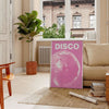 Abstract design featuring dynamic pink and orange shades reminiscent of disco themes - in a Parisian living room with a sofa and a fig plant