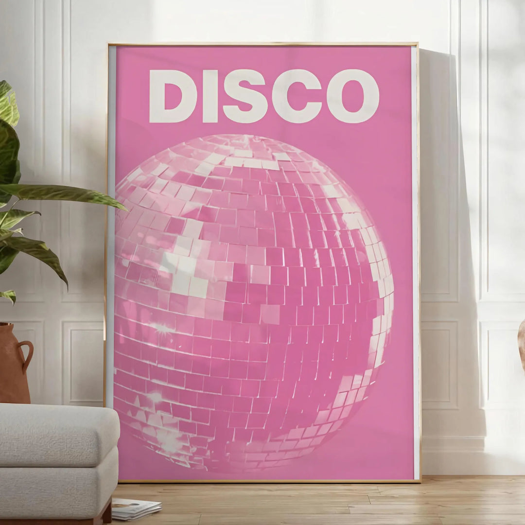 Abstract design featuring dynamic pink and orange shades reminiscent of disco themes - in a bright minimalist room with a plant and an armchair