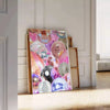 Abstract design featuring pink and purple hues with a disco theme - leaning on a herringbone floor against a white panelled wall