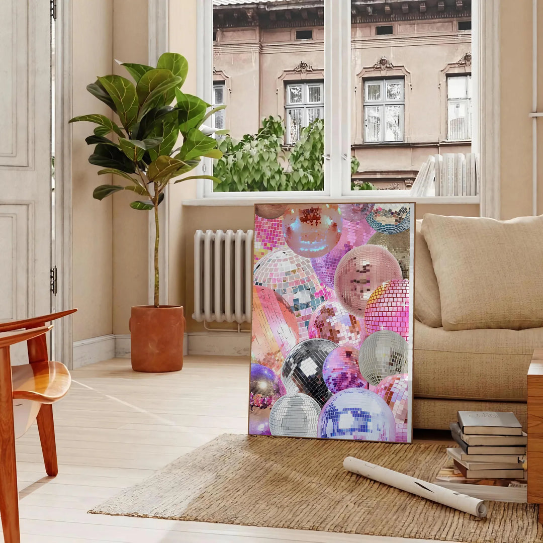 Abstract design featuring pink and purple hues with a disco theme - in a Parisian living room with a sofa and a fig plant