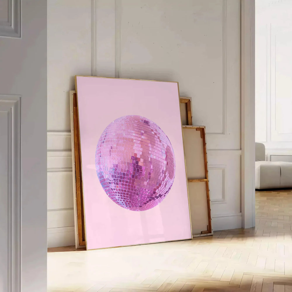 Retro-style poster featuring pink and gray disco elements
