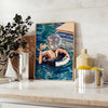 A retro-style illustration of a disco-themed swimming pool scene with brown and green tones - styled on a counter with eucalyptus and a bowl of lemons