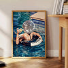 A retro-style illustration of a disco-themed swimming pool scene with brown and green tones - beside a round wooden side table with books