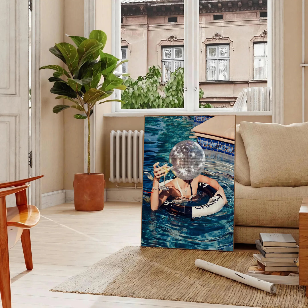 A retro-style illustration of a disco-themed swimming pool scene with brown and green tones - in a Parisian living room with a sofa and a fig plant