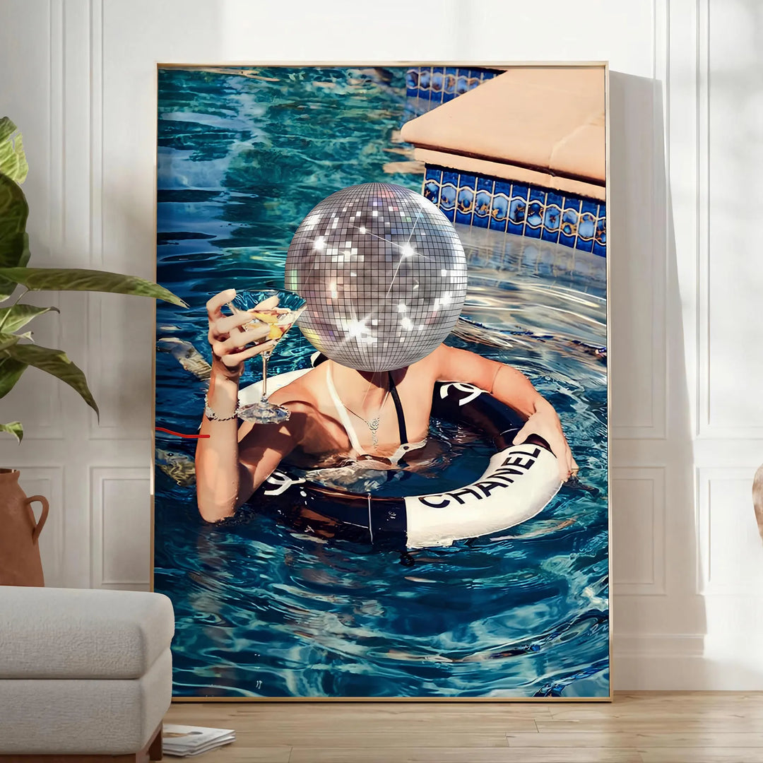 A retro-style illustration of a disco-themed swimming pool scene with brown and green tones - in a bright minimalist room with a plant and an armchair