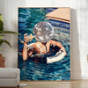 A retro-style illustration of a disco-themed swimming pool scene with brown and green tones - in a bright minimalist room with a plant and an armchair