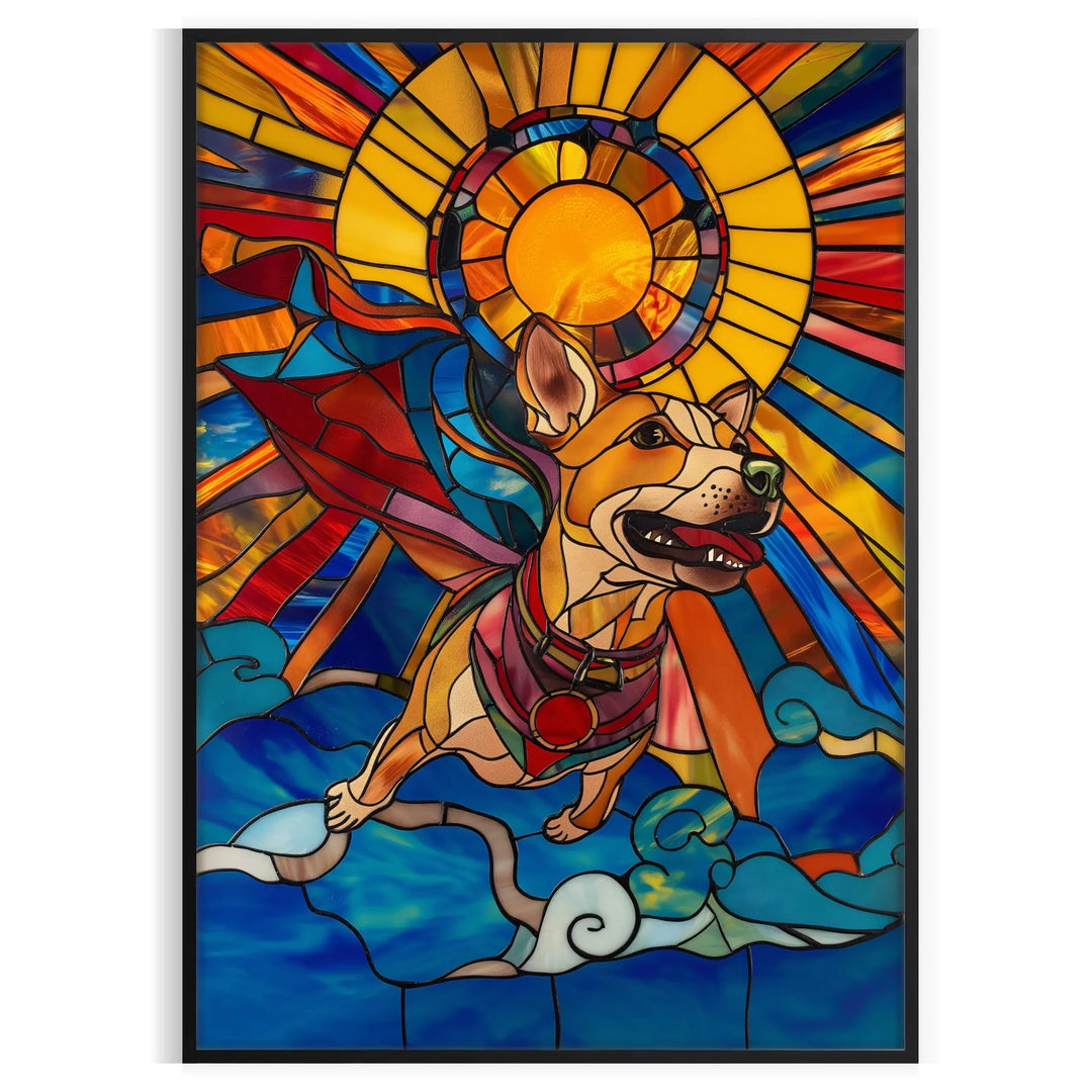 A playful dog surrounded by green and orange abstract shapes