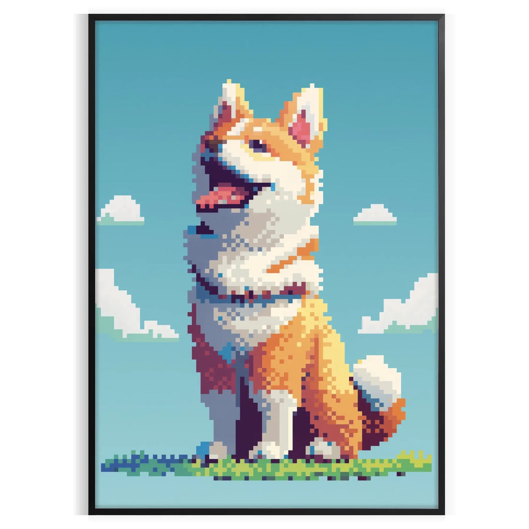 A colorful illustration of a dog with green and orange accents