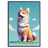 A colorful illustration of a dog with green and orange accents - in a black frame