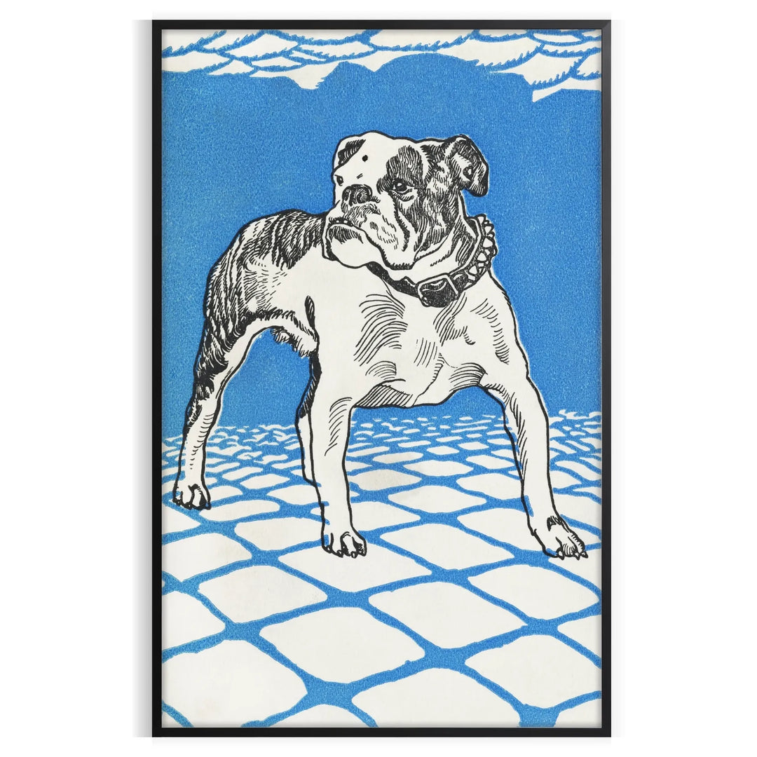 A dog floating in space with a starry background in blue and gray tones
