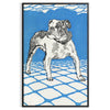 A dog floating in space with a starry background in blue and gray tones - in a black frame