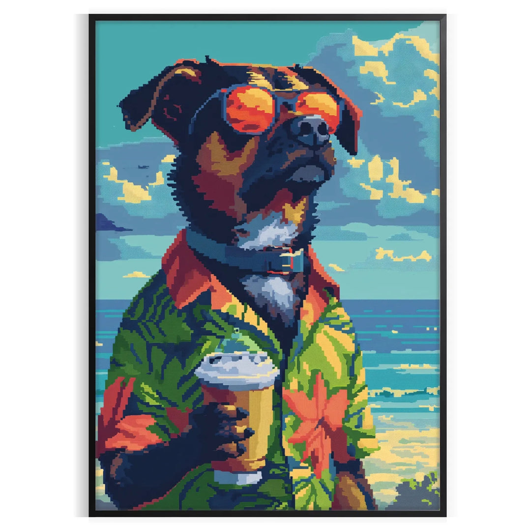 A playful illustration of a dog enjoying a cocktail, with green and blue tones.