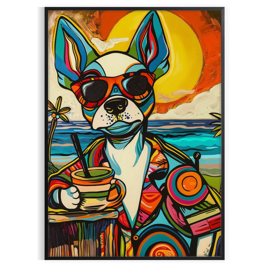 A playful dog enjoying a cocktail, with bright green and blue colors