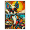 A playful dog enjoying a cocktail, with bright green and blue colors - in a black frame