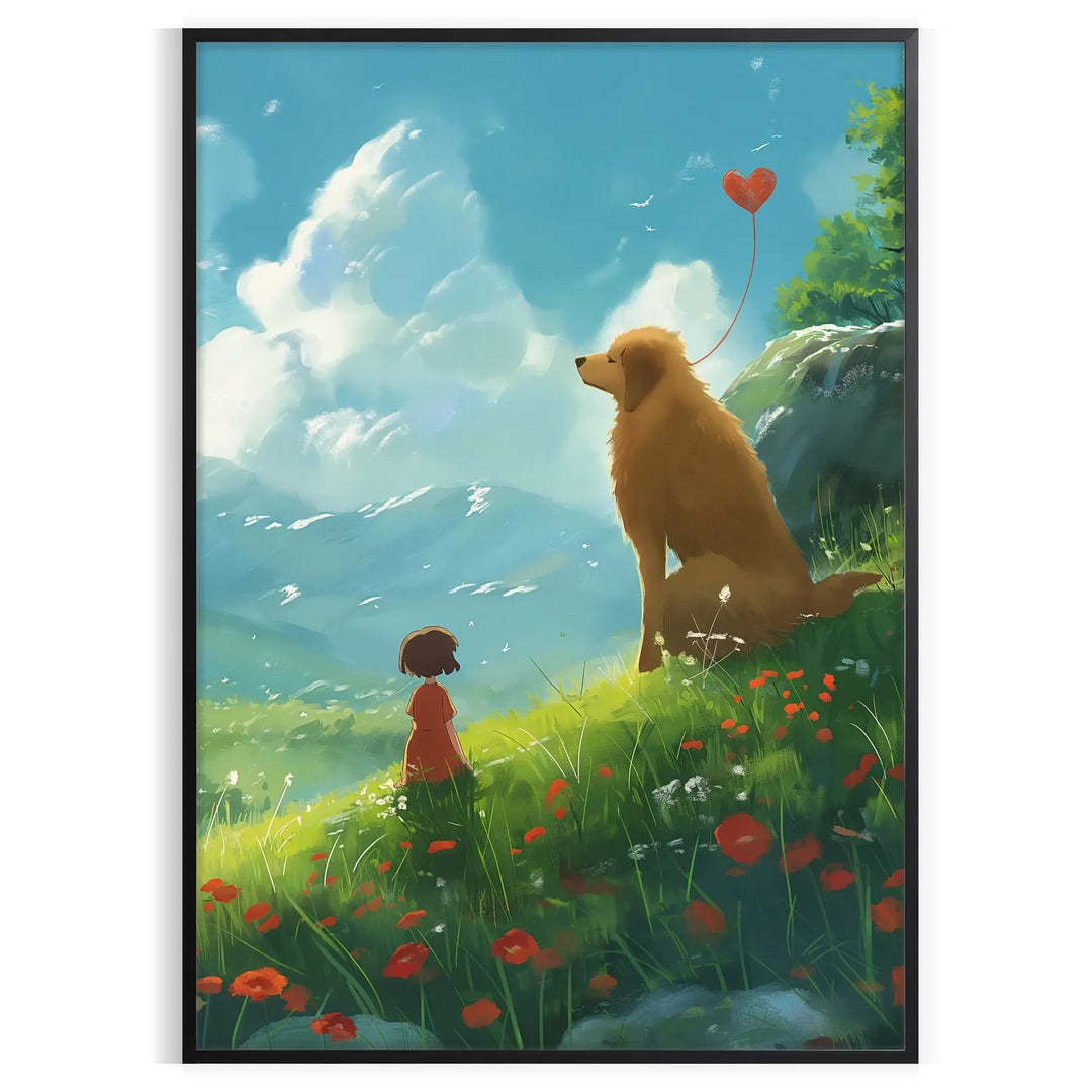 A playful dog surrounded by green and gray tones in a whimsical style - in a black frame