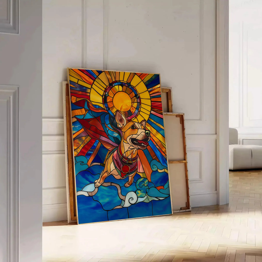 A playful dog surrounded by green and orange abstract shapes - leaning on a herringbone floor against a white panelled wall