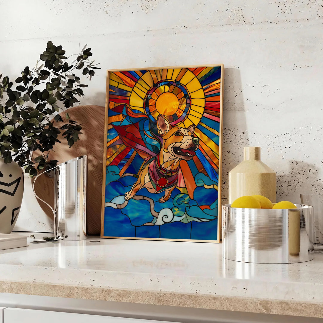 A playful dog surrounded by green and orange abstract shapes - styled on a counter with eucalyptus and a bowl of lemons