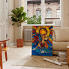 A playful dog surrounded by green and orange abstract shapes - in a Parisian living room with a sofa and a fig plant